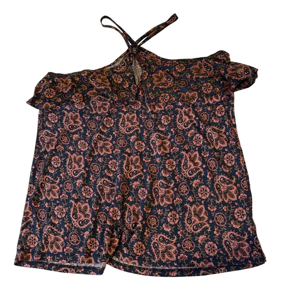 LOFT Womens Navy Pink Paisley Floral Ruffle Halter Keyhole Top Size M 440080